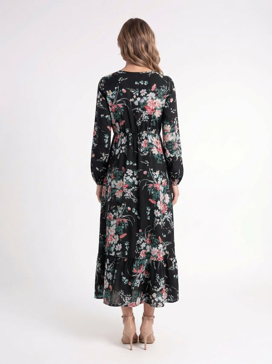 Noir Fleur – Elegante Zwarte Bloemenjurk