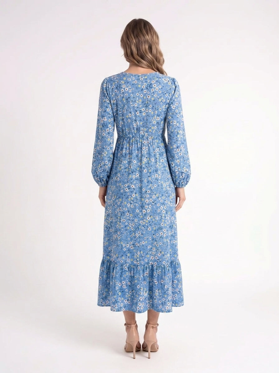 Azure Bloom – Luchtige Blauwe Midi Jurk
