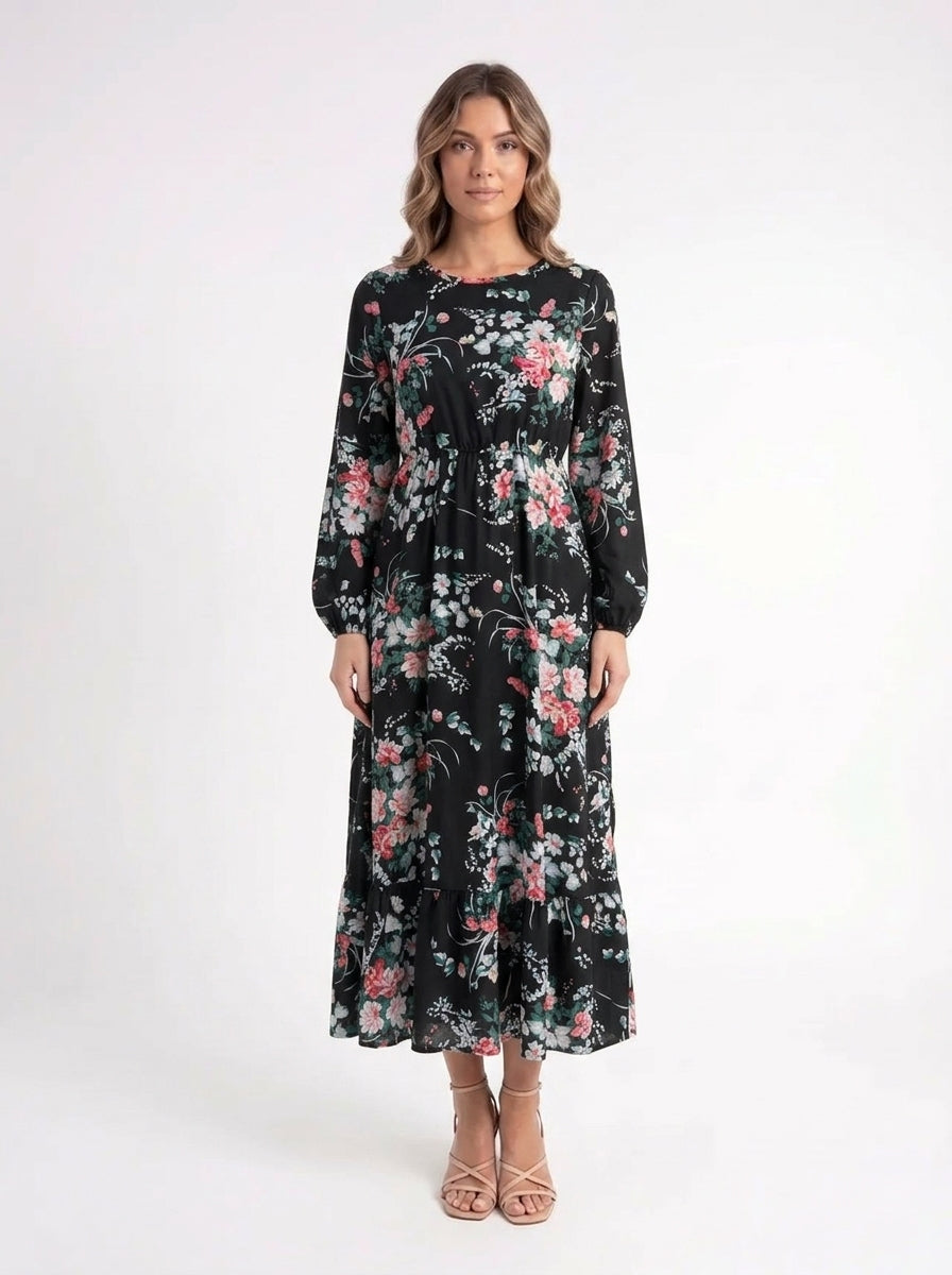 Noir Fleur – Elegante Zwarte Bloemenjurk