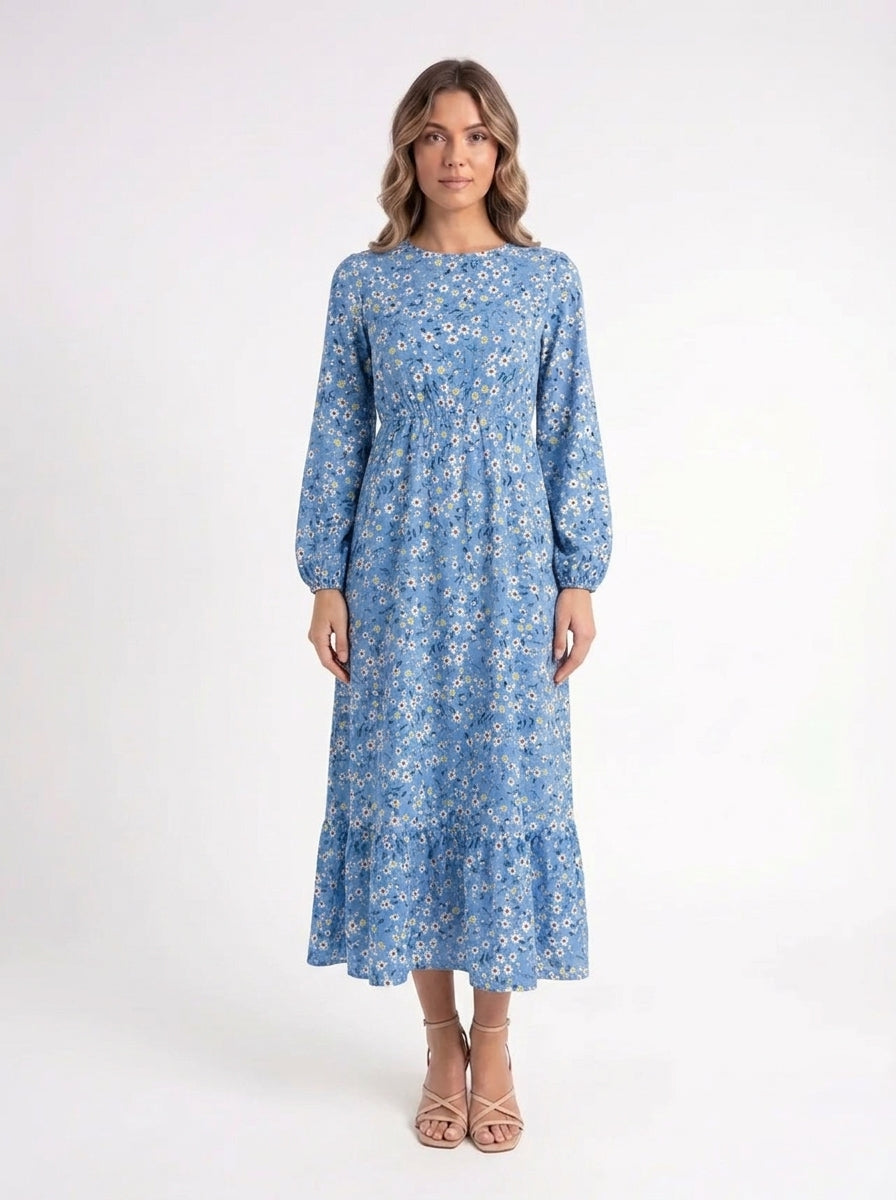 Azure Bloom – Luchtige Blauwe Midi Jurk