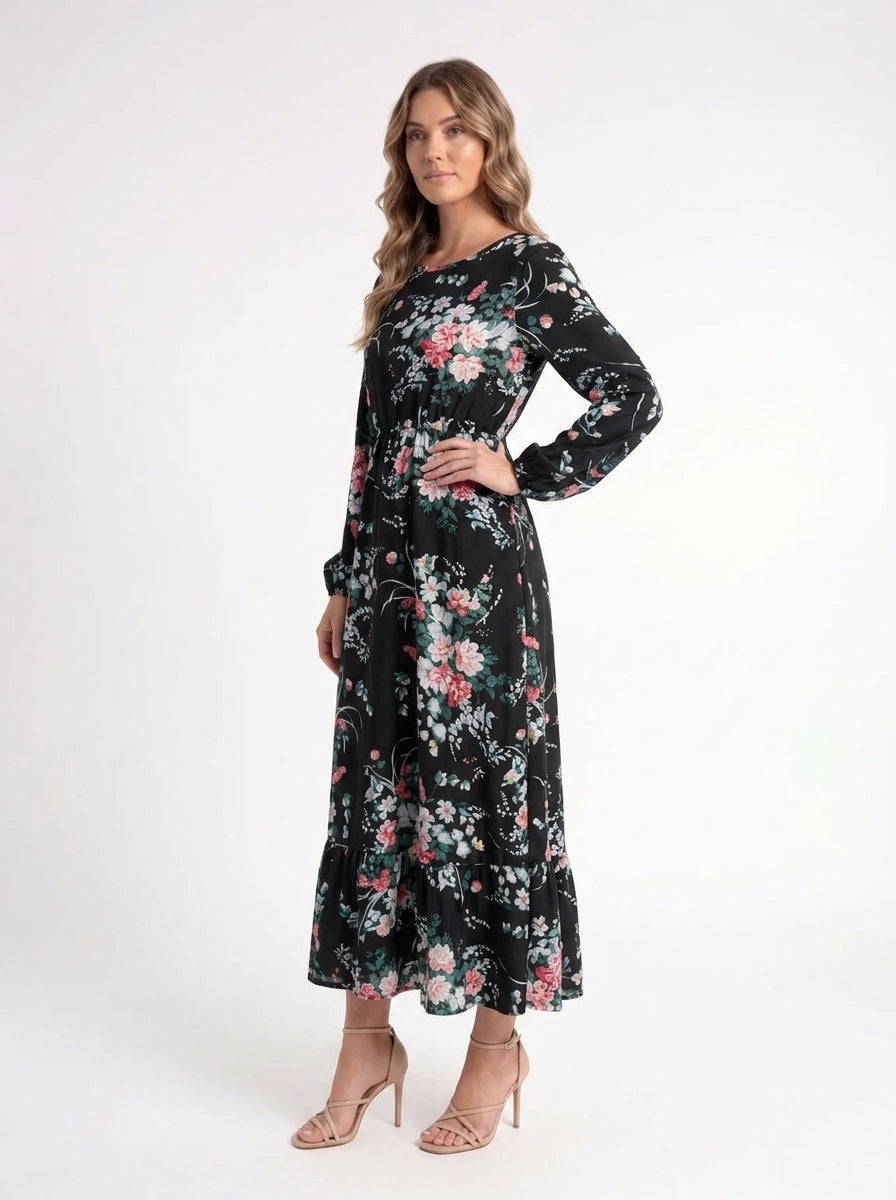 Noir Fleur – Elegante Zwarte Bloemenjurk