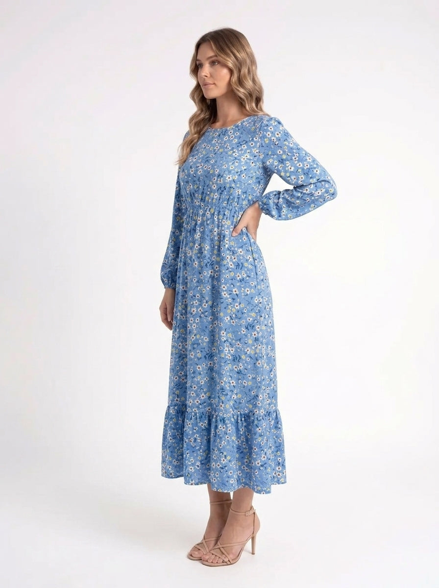Azure Bloom – Luchtige Blauwe Midi Jurk